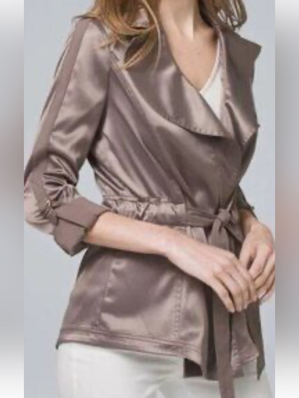White House Black Market Satin Taupe Jacket with Tie Belt